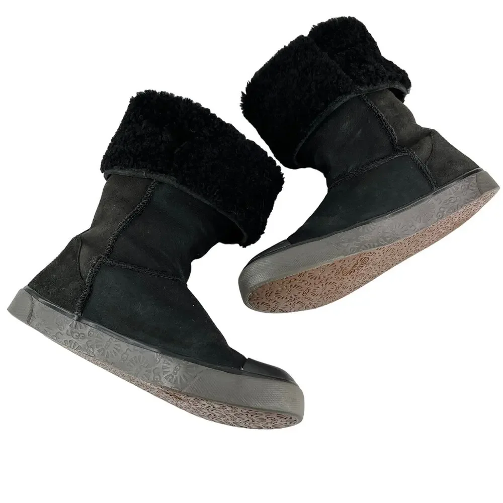 Ugg Delaine Sheepskin Boots 7 Black 1886 Fold Over